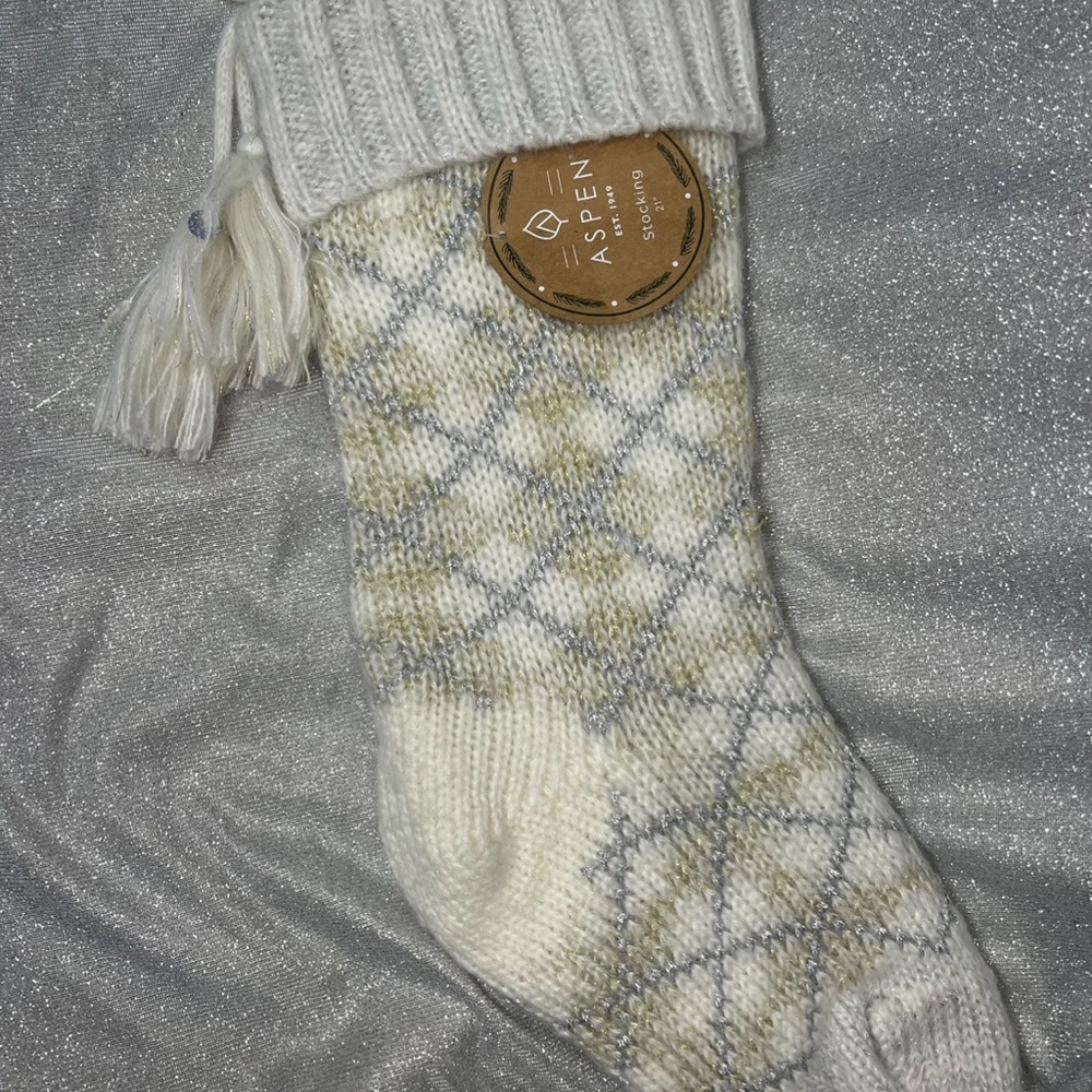 Aspen Knit Tinsel Boho Bohemian Gold Silver  Christmas Stocking NWT